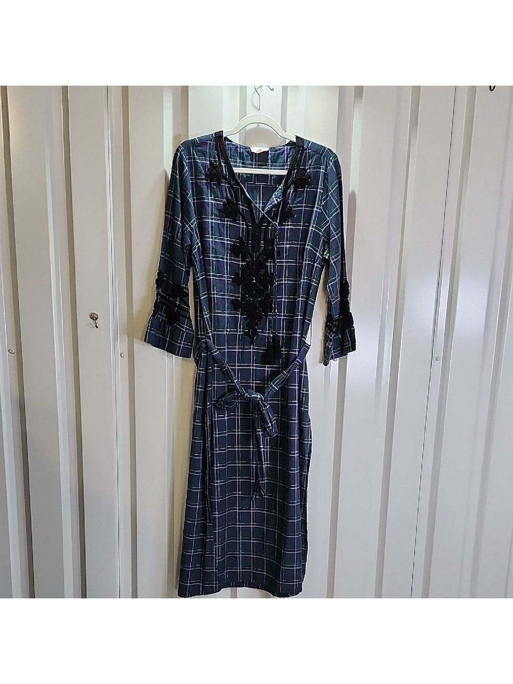 Roller Rabbit Purple Green Plaid Black Embellished Long Sleeve Dress Size Medium